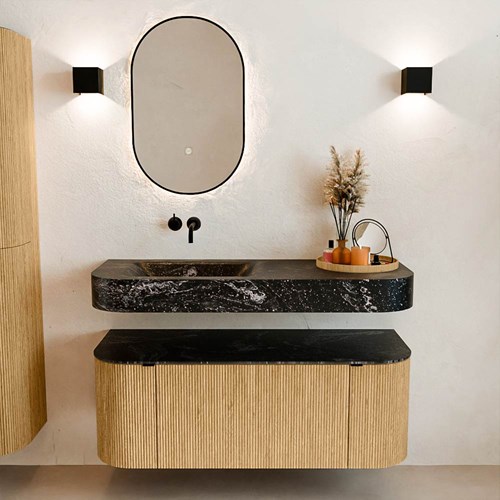 THOR-DLUX 120cm meubles de salle de bains courbe gauche + droite couleur Oak avec 1 tiroir et 2 portes. Lavabo suspendu CLOUD Gauche sans trou pour robinet couleur Lava.-3