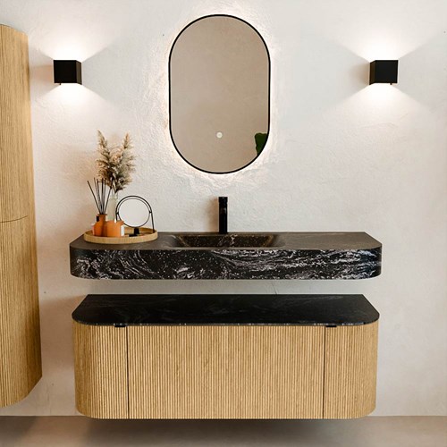 THOR-DLUX 130cm meubles de salle de bains courbe gauche + droite couleur Oak avec 1 tiroir et 2 portes. Lavabo suspendu CLOUD Centrée 1 trou pour robinetter couleur Lava.-3