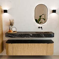 THOR-DLUX 160cm meubles de salle de bains courbe gauche + droite couleur Oak avec 1 tiroir et 2 portes. Lavabo suspendu CLOUD Droite sans trou pour robinet couleur Lava.-3