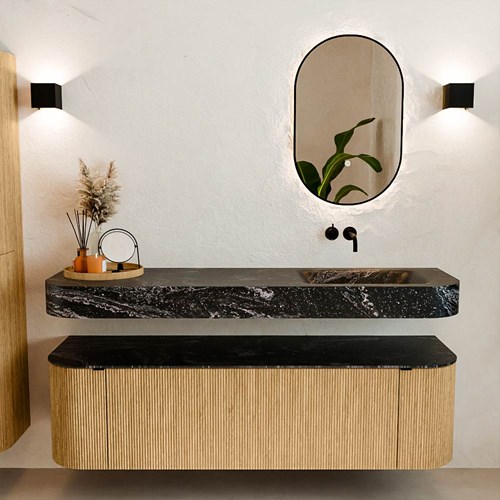 THOR-DLUX 160cm meubles de salle de bains courbe gauche + droite couleur Oak avec 1 tiroir et 2 portes. Lavabo suspendu CLOUD Droite sans trou pour robinet couleur Lava.-3