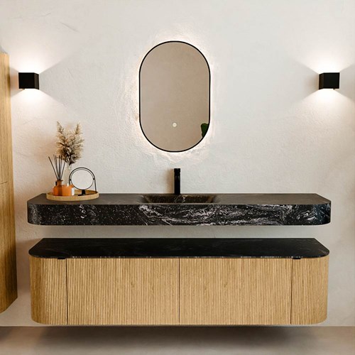 THOR-DLUX 180cm badmeubel ronding links + rechts kleur Oak met 2 lades en 2 deuren. Vrijhangende wastafel CLOUD Midden 1 kraangat kleur Lava.-3