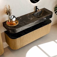 THOR-DLUX 150cm bathroom vanity set curve left + right color Oak with 1 drawer and 2 doors. Floating sink CLOUD Right 1 tab hole color Lava.-2