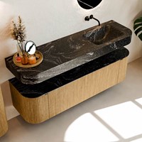THOR-DLUX 160cm badmeubel ronding links + rechts kleur Oak met 1 lade en 2 deuren. Vrijhangende wastafel CLOUD Rechts zonder kraangat kleur Lava.-2