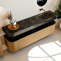 THOR-DLUX 190cm badmeubel ronding links + rechts kleur Oak met 2 lades en 2 deuren. Vrijhangende wastafel CLOUD Rechts zonder kraangat kleur Lava.-2