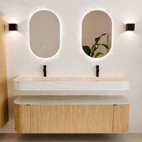 THOR-DLUX 160cm badmeubel ronding links + rechts kleur Oak met 1 lade en 2 deuren. Vrijhangende wastafel CLOUD Dubbel 2 kraangaten kleur Meli.-3