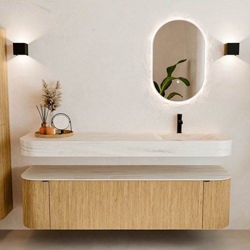 THOR-DLUX 170cm mueble de baño curva izquierda + derecha color Oak con 1 cajón y 2 puertas. Lavabo suspendido CLOUD Derecho 1 orificio color Meli.-3