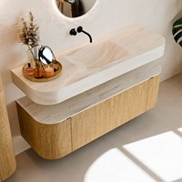 THOR-DLUX 140cm badmeubel ronding links + rechts kleur Oak met 1 lade en 2 deuren. Vrijhangende wastafel CLOUD Midden zonder kraangat kleur Meli.-2