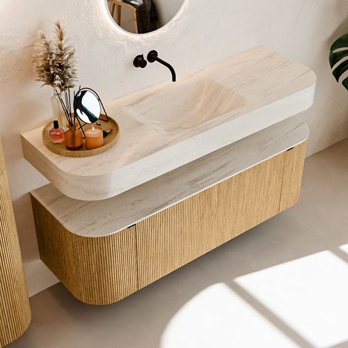 THOR-DLUX 140cm badmeubel ronding links + rechts kleur Oak met 1 lade en 2 deuren. Vrijhangende wastafel CLOUD Midden zonder kraangat kleur Meli.-2