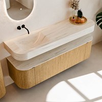 THOR-DLUX 160cm bathroom vanity set curve left + right color Oak with 1 drawer and 2 doors. Wall mounted sink CLOUD Left without tab hole color Meli.-2