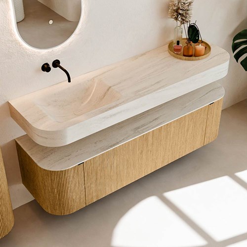 THOR-DLUX 160cm bathroom vanity set curve left + right color Oak with 1 drawer and 2 doors. Wall mounted sink CLOUD Left without tab hole color Meli.-2