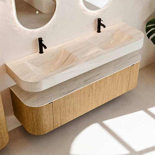 THOR-DLUX 160cm badmeubel ronding links + rechts kleur Oak met 1 lade en 2 deuren. Vrijhangende wastafel CLOUD Dubbel 2 kraangaten kleur Meli.-2