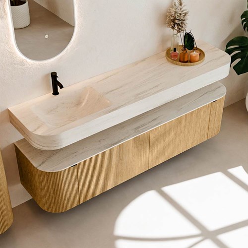 THOR-DLUX 180cm mueble de baño curva izquierda + derecha color Oak con 2 cajones y 2 puertas. Lavabo suspendido CLOUD Izquierda 1 orificio color Meli.-2