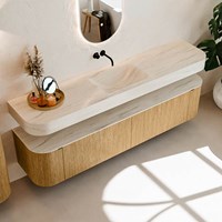 THOR-DLUX 200cm bathroom vanity set curve left + right color Oak with 2 drawers and 2 doors. Wall mounted sink CLOUD Center without tab hole color Meli.-2