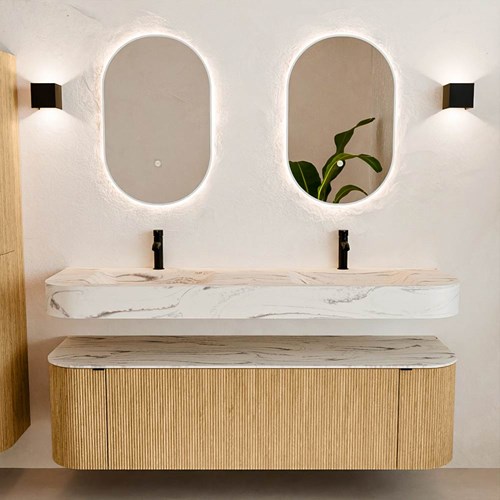 THOR-DLUX 160cm mueble de baño curva izquierda + derecha color Oak con 1 cajón y 2 puertas. Lavabo suspendido CLOUD Doble 2 orificios color Nata.-3
