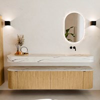 THOR-DLUX 190cm mueble de baño curva izquierda + derecha color Oak con 2 cajones y 2 puertas. Lavabo suspendido CLOUD Derecho sin orificio color Nata.-3