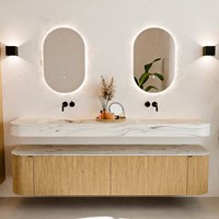THOR-DLUX 200cm badmeubel ronding links + rechts kleur Oak met 2 lades en 2 deuren. Vrijhangende wastafel CLOUD Dubbel zonder kraangat kleur Nata.-3