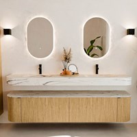 THOR-DLUX 200cm meubles de salle de bains courbe gauche + droite couleur Oak avec 2 tiroirs et 2 portes. Lavabo suspendu CLOUD Double 2 trous robinetterie couleur Nata.-3