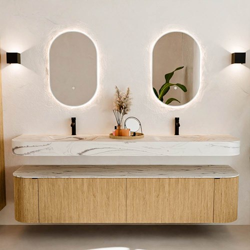THOR-DLUX 200cm meubles de salle de bains courbe gauche + droite couleur Oak avec 2 tiroirs et 2 portes. Lavabo suspendu CLOUD Double 2 trous robinetterie couleur Nata.-3