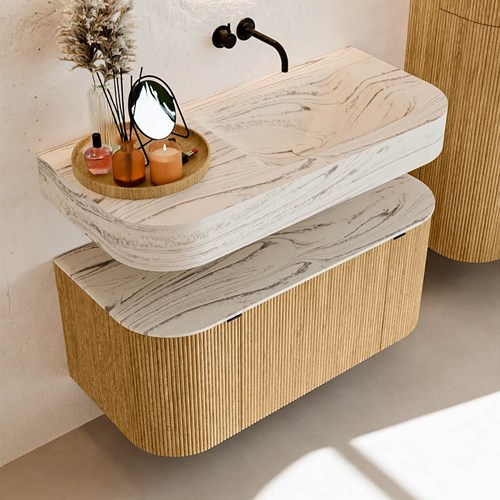 THOR-DLUX 100cm bathroom vanity set curve left + right color Oak with 1 drawer and 2 doors. Wall mounted sink CLOUD Right without tab hole color Nata.-2