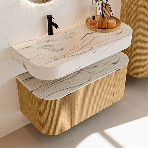 THOR-DLUX 100cm meubles de salle de bains courbe gauche + droite couleur Oak avec 1 tiroir et 2 portes. Lavabo suspendu CLOUD Gauche 1 trou pour robinetter couleur Nata.-2