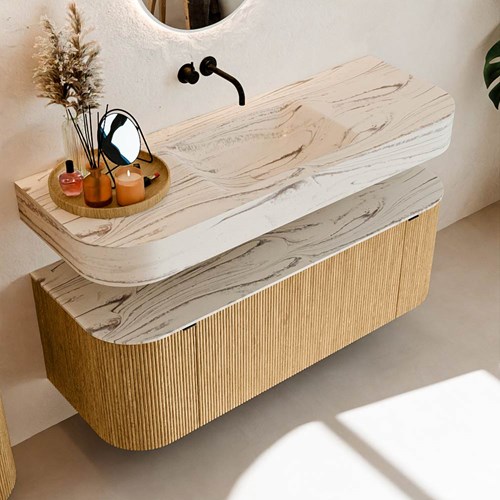 THOR-DLUX 130cm badmöbel kurve links + rechts farbe Oak mit 1 schublade und 2 türen. Frei hängende waschtisch CLOUD Mittig kein hahnloch farbe Nata.-2