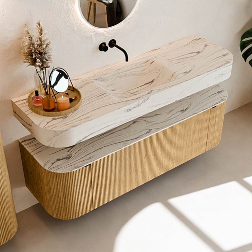 THOR-DLUX 150cm badmöbel kurve links + rechts farbe Oak mit 1 schublade und 2 türen. Frei hängende waschtisch CLOUD Mittig kein hahnloch farbe Nata.-2