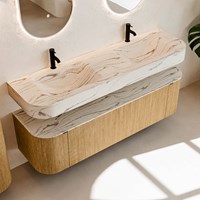 THOR-DLUX 160cm mueble de baño curva izquierda + derecha color Oak con 1 cajón y 2 puertas. Lavabo suspendido CLOUD Doble 2 orificios color Nata.-2