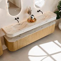 THOR-DLUX 200cm badmeubel ronding links + rechts kleur Oak met 2 lades en 2 deuren. Vrijhangende wastafel CLOUD Dubbel zonder kraangat kleur Nata.-2