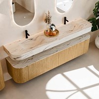 THOR-DLUX 200cm meubles de salle de bains courbe gauche + droite couleur Oak avec 2 tiroirs et 2 portes. Lavabo suspendu CLOUD Double 2 trous robinetterie couleur Nata.-2