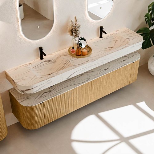 THOR-DLUX 200cm meubles de salle de bains courbe gauche + droite couleur Oak avec 2 tiroirs et 2 portes. Lavabo suspendu CLOUD Double 2 trous robinetterie couleur Nata.-2