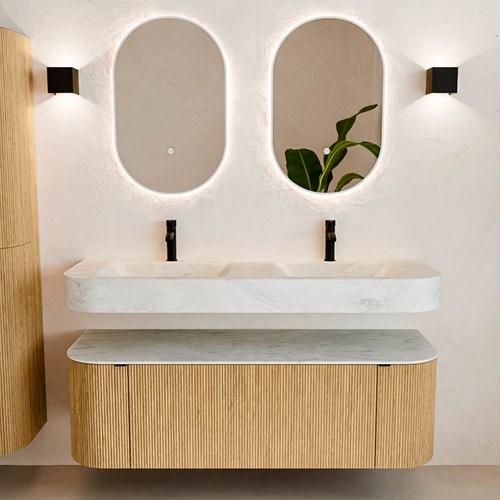 THOR-DLUX 140cm badmeubel ronding links + rechts kleur Oak met 1 lade en 2 deuren. Vrijhangende wastafel CLOUD Dubbel 2 kraangaten kleur Opalo.-3
