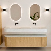 THOR-DLUX 170cm mueble de baño curva izquierda + derecha color Oak con 1 cajón y 2 puertas. Lavabo suspendido CLOUD Doble sin orificio color Opalo.-3