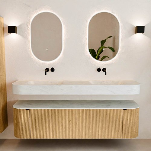 THOR-DLUX 170cm mueble de baño curva izquierda + derecha color Oak con 1 cajón y 2 puertas. Lavabo suspendido CLOUD Doble sin orificio color Opalo.-3