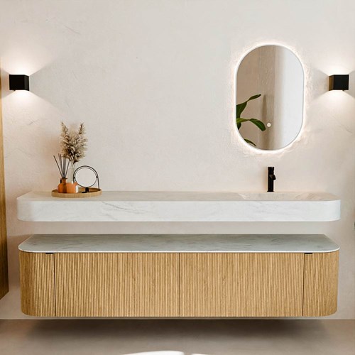 THOR-DLUX 200cm mueble de baño curva izquierda + derecha color Oak con 2 cajones y 2 puertas. Lavabo suspendido CLOUD Derecho 1 orificio color Opalo.-3