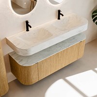 THOR-DLUX 140cm badmeubel ronding links + rechts kleur Oak met 1 lade en 2 deuren. Vrijhangende wastafel CLOUD Dubbel 2 kraangaten kleur Opalo.-2