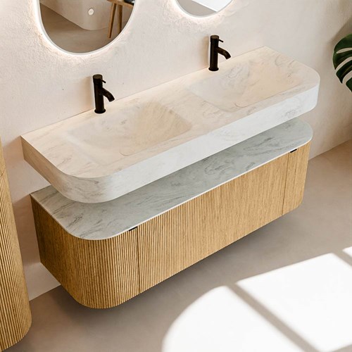 THOR-DLUX 140cm badmeubel ronding links + rechts kleur Oak met 1 lade en 2 deuren. Vrijhangende wastafel CLOUD Dubbel 2 kraangaten kleur Opalo.-2