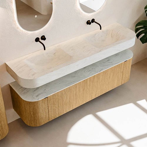 THOR-DLUX 170cm mueble de baño curva izquierda + derecha color Oak con 1 cajón y 2 puertas. Lavabo suspendido CLOUD Doble sin orificio color Opalo.-2