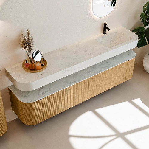 THOR-DLUX 200cm mueble de baño curva izquierda + derecha color Oak con 2 cajones y 2 puertas. Lavabo suspendido CLOUD Derecho 1 orificio color Opalo.-2