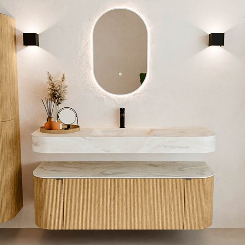 THOR-DLUX 140cm mueble de baño curva izquierda + derecha color Oak con 1 cajón y 2 puertas. Lavabo suspendido CLOUD Centro 1 orificio color Ostra.-3