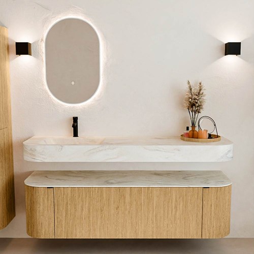 THOR-DLUX 160cm badmeubel ronding links + rechts kleur Oak met 1 lade en 2 deuren. Vrijhangende wastafel CLOUD Links 1 kraangat kleur Ostra.-3