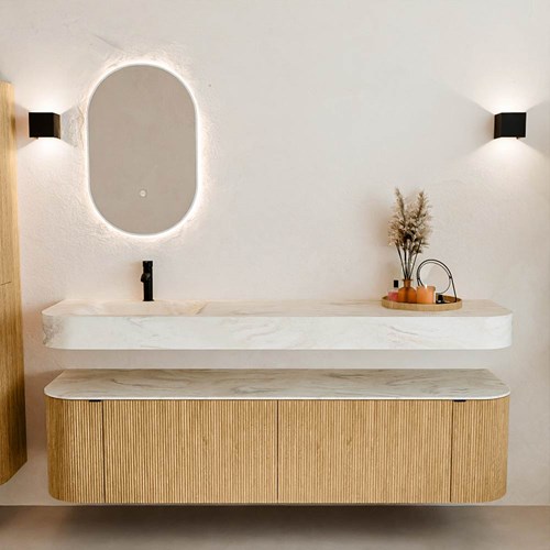THOR-DLUX 180cm meubles de salle de bains courbe gauche + droite couleur Oak avec 2 tiroirs et 2 portes. Lavabo suspendu CLOUD Gauche 1 trou pour robinetter couleur Ostra.-3