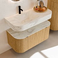 THOR-DLUX 100cm badmeubel ronding links + rechts kleur Oak met 1 lade en 2 deuren. Vrijhangende wastafel CLOUD Links 1 kraangat kleur Ostra.-2