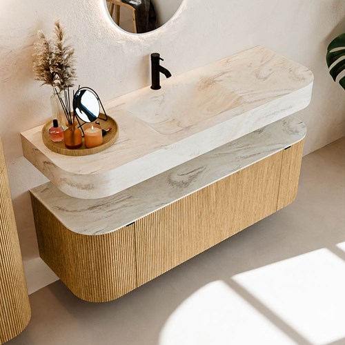 THOR-DLUX 140cm mueble de baño curva izquierda + derecha color Oak con 1 cajón y 2 puertas. Lavabo suspendido CLOUD Centro 1 orificio color Ostra.-2