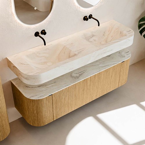 THOR-DLUX 150cm bathroom vanity set curve left + right color Oak with 1 drawer and 2 doors. Floating sink CLOUD Double without tab hole color Ostra.-2