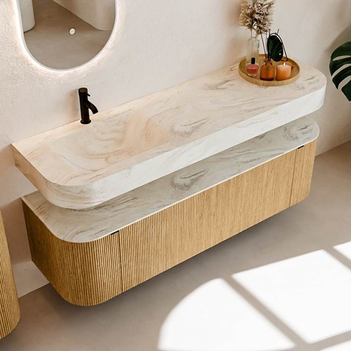 THOR-DLUX 160cm badmeubel ronding links + rechts kleur Oak met 1 lade en 2 deuren. Vrijhangende wastafel CLOUD Links 1 kraangat kleur Ostra.-2