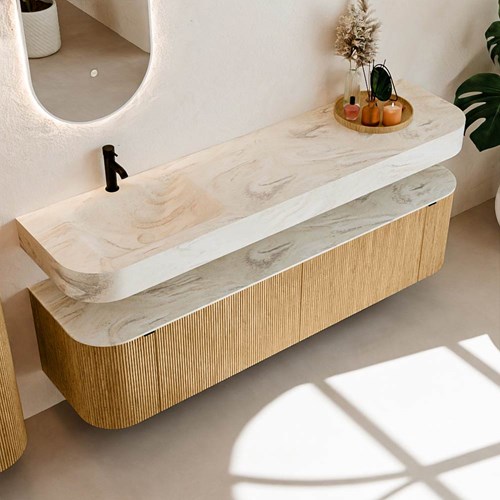 THOR-DLUX 180cm meubles de salle de bains courbe gauche + droite couleur Oak avec 2 tiroirs et 2 portes. Lavabo suspendu CLOUD Gauche 1 trou pour robinetter couleur Ostra.-2