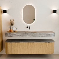 THOR-DLUX 170cm bathroom vanity set curve left + right color Oak with 1 drawer and 2 doors. Wall mounted sink CLOUD Center without tab hole color Oza.-3