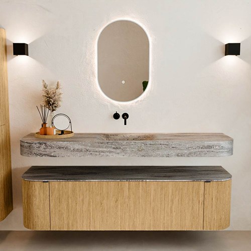THOR-DLUX 170cm bathroom vanity set curve left + right color Oak with 1 drawer and 2 doors. Wall mounted sink CLOUD Center without tab hole color Oza.-3