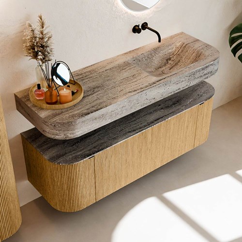 THOR-DLUX 140cm mueble de baño curva izquierda + derecha color Oak con 1 cajón y 2 puertas. Lavabo suspendido CLOUD Derecho sin orificio color Oza.-2