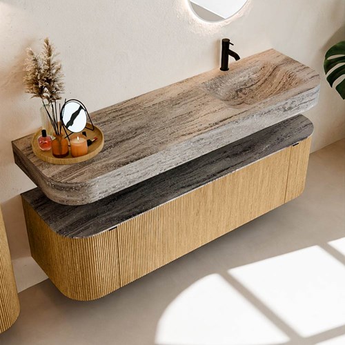 THOR-DLUX 160cm meubles de salle de bains courbe gauche + droite couleur Oak avec 1 tiroir et 2 portes. Lavabo suspendu CLOUD Droite 1 trou pour robinetter couleur Oza.-2